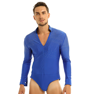 Men's One-Piece Shiny Rhinestones Leotard Bodysuit / Long Sleeve V-Neck Latin Tango Costume - EVE's SECRETS